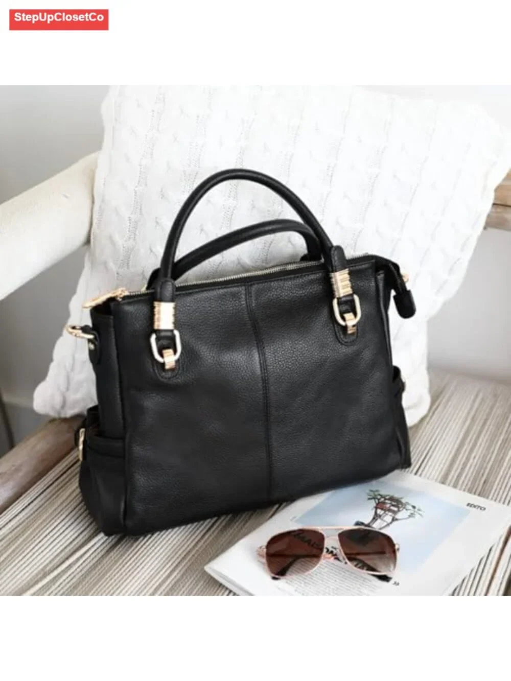 Top Grain Pebbled Cowhide Leather Satchel Tote Crossbody Shoulder Bag